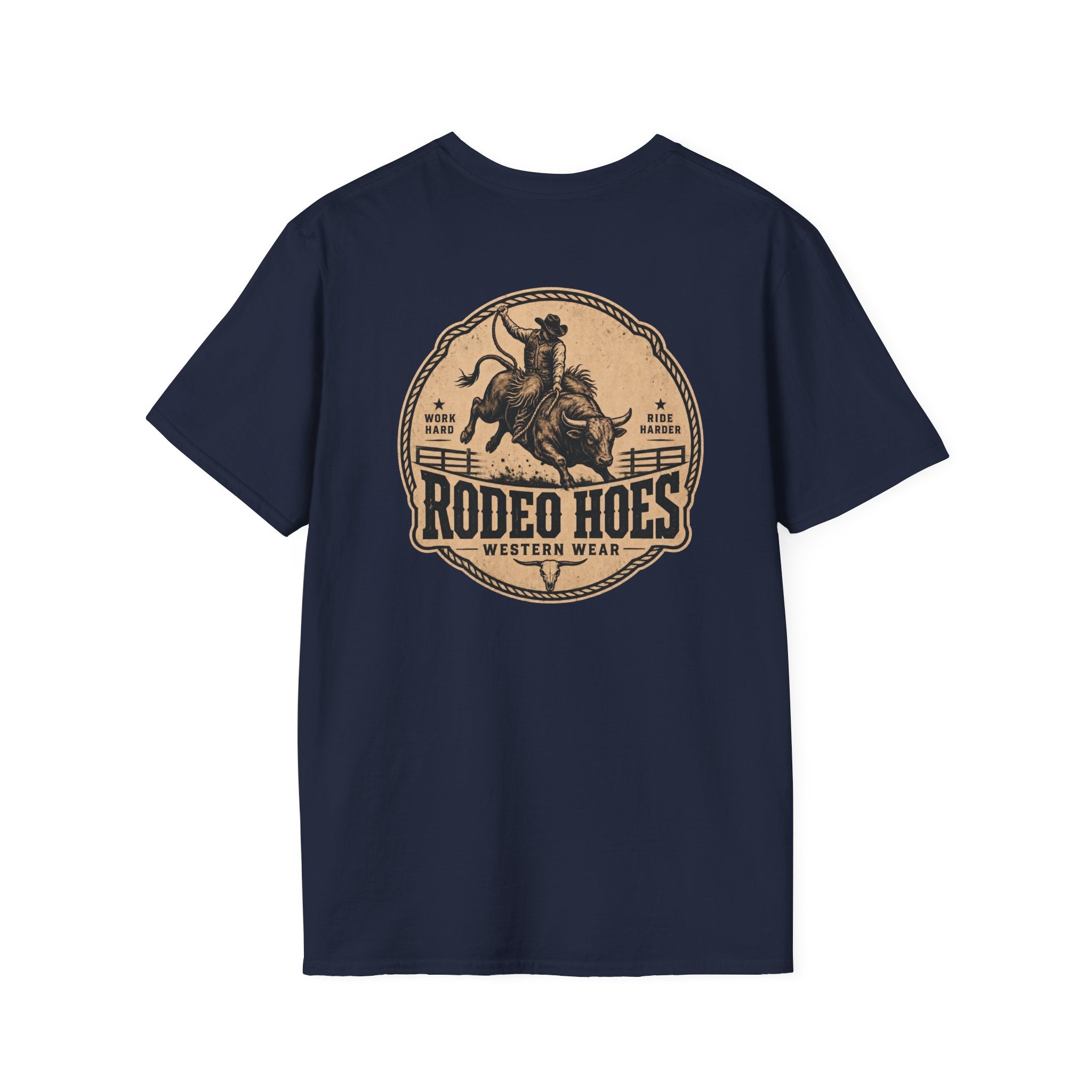 Rodeo Hoes Western Wear Front & Back Tee – Full Color – He Rides – Hoes Clothes