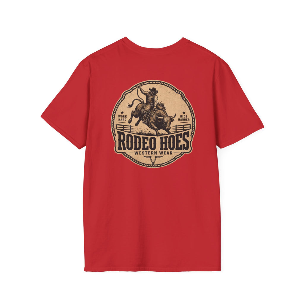 Rodeo Hoes Western Wear Front & Back Tee – Full Color – He Rides – Hoes Clothes