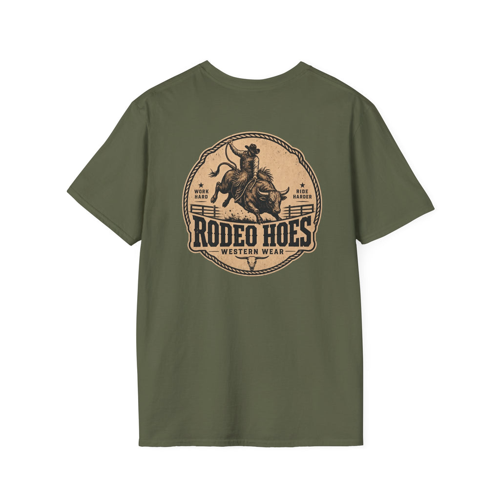 Rodeo Hoes Western Wear Front & Back Tee – Full Color – He Rides – Hoes Clothes