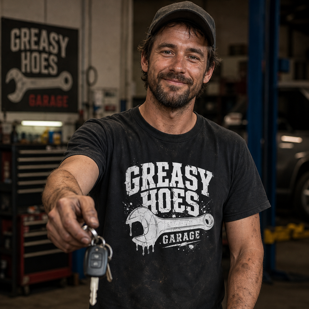 Greasy Hoes Garage Front Only Tee – Hoes Clothes