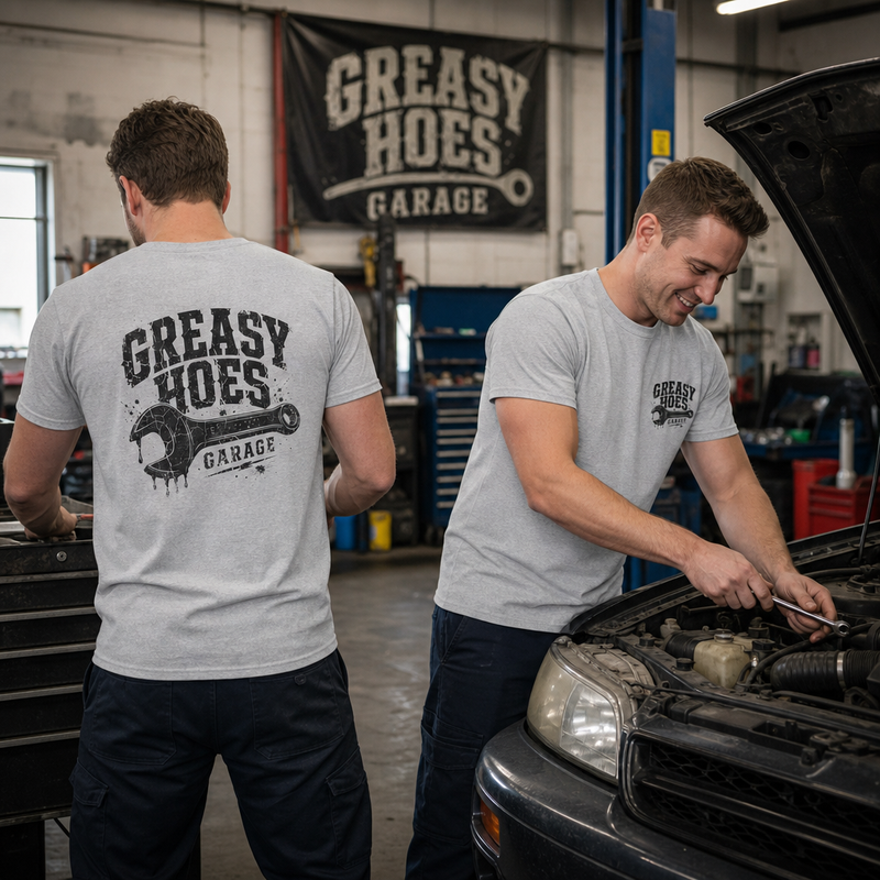 Greasy Hoes Garage Front & Back Tee – Hoes Clothes