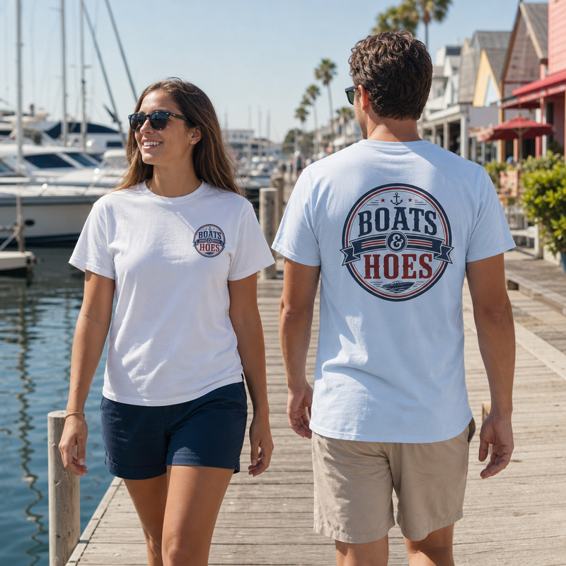 Boats and Hoes Badge Full Color Front & Back Tee – Hoes Clothes