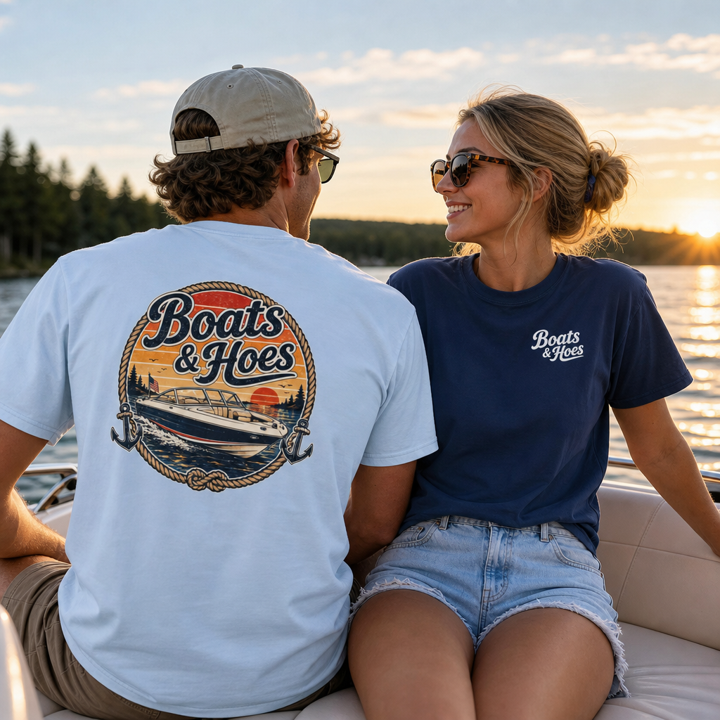 Boats and Hoes Sunset Speedboat Left Chest Full Back Print Tee – Hoes Clothes