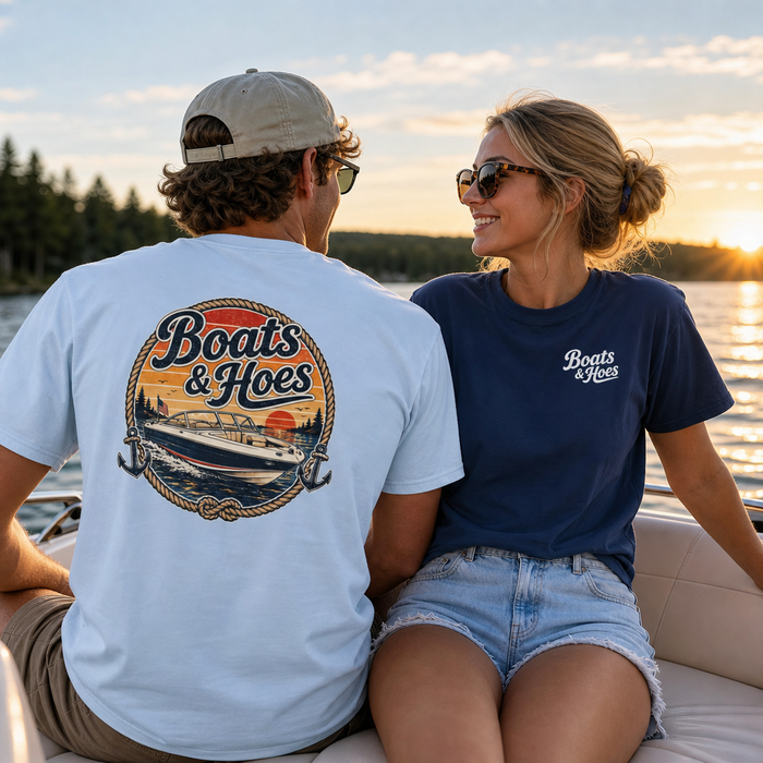 Boats and Hoes Sunset Speedboat Tee