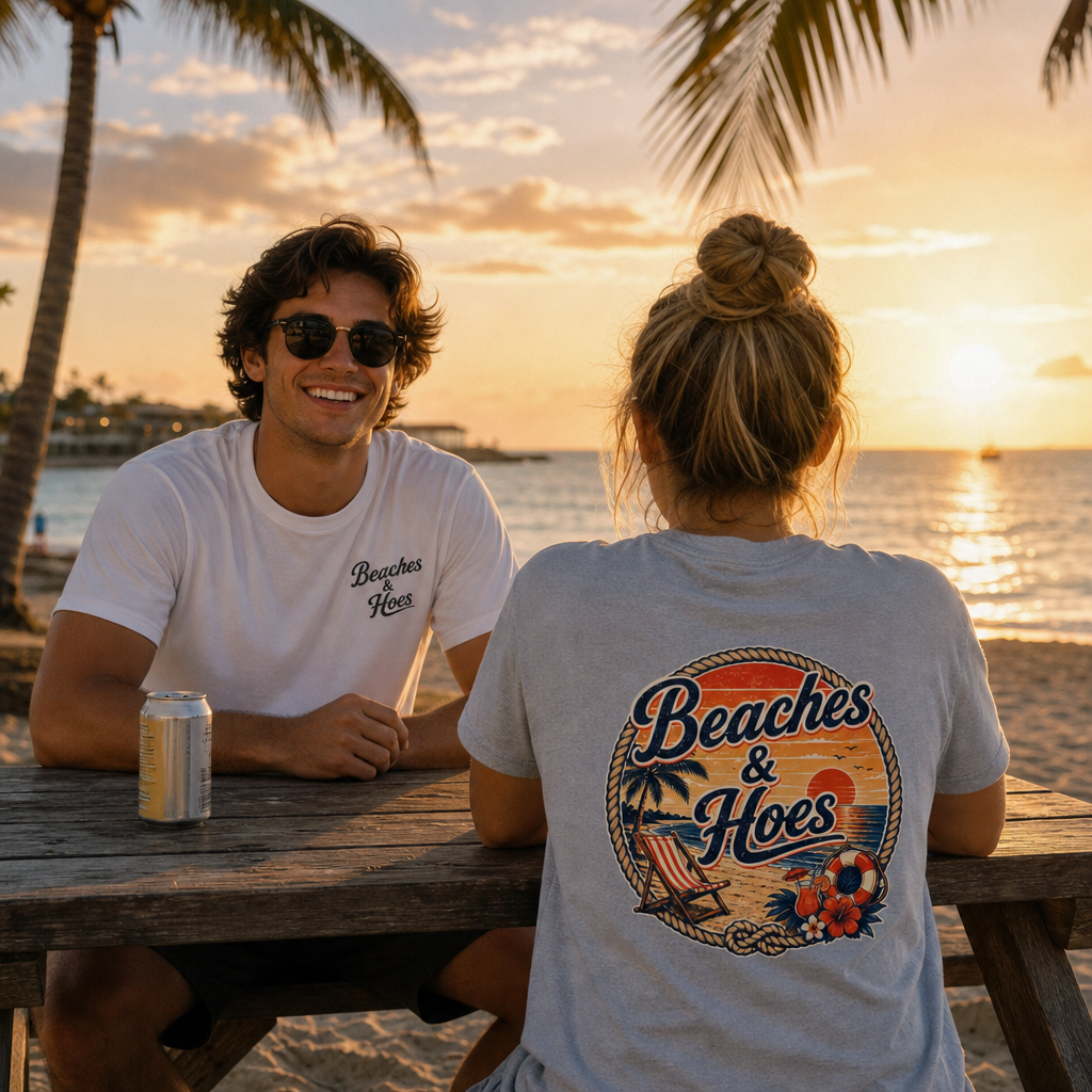 Beaches and Hoes Sunset Left Chest Full Back Print Tee – Hoes Clothes