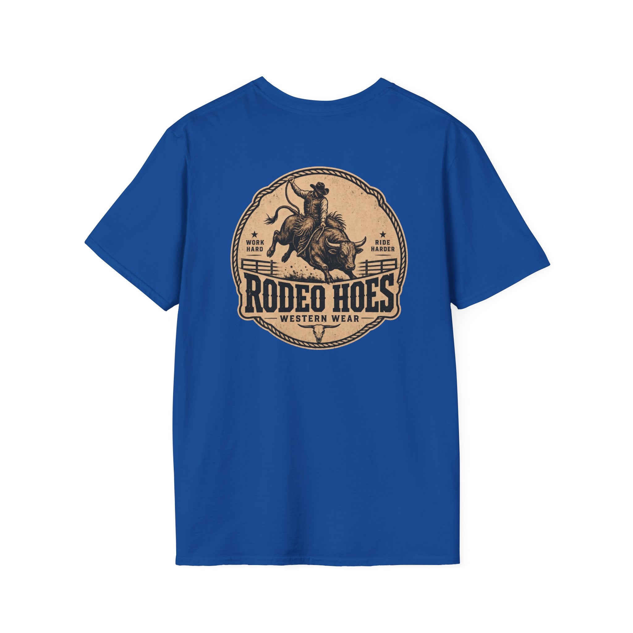 Rodeo Hoes Western Wear Front & Back Tee – Full Color – He Rides – Hoes Clothes