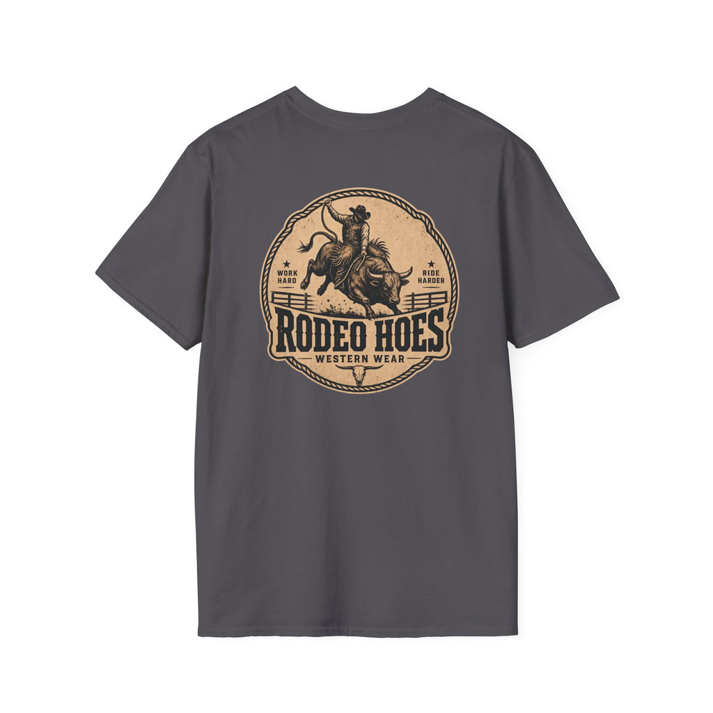 Rodeo Hoes Western Wear Front & Back Tee – Full Color – He Rides – Hoes Clothes