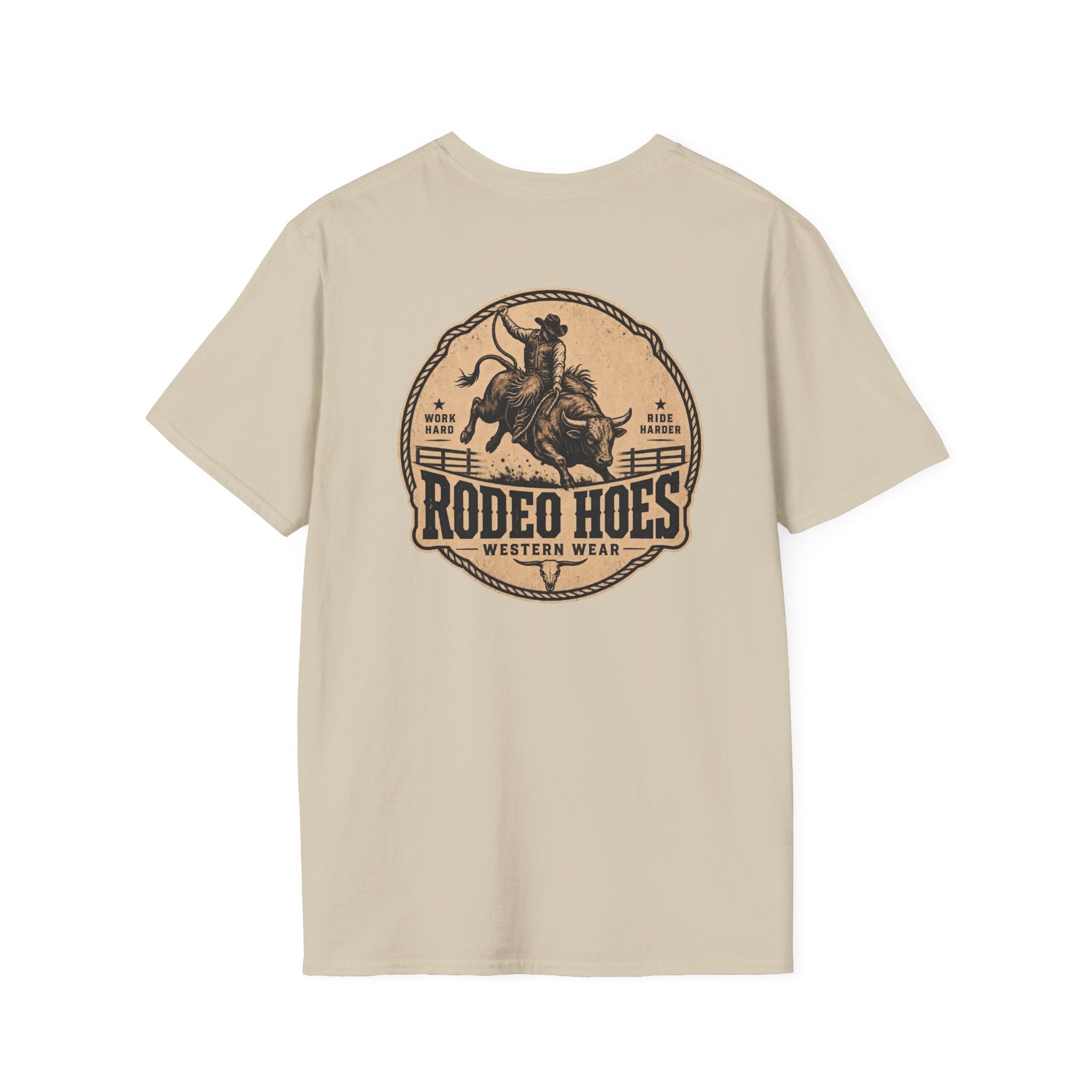 Rodeo Hoes Western Wear Front & Back Tee – Full Color – He Rides – Hoes Clothes