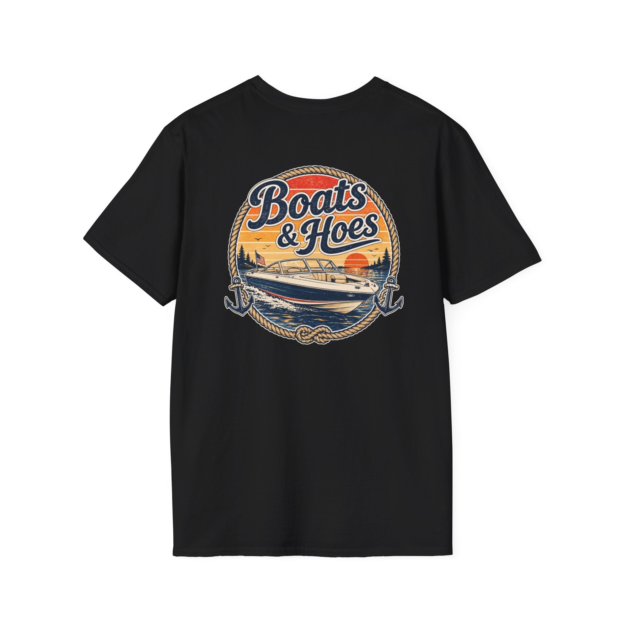Boats and Hoes Sunset Speedboat Left Chest Full Back Print Tee – Hoes Clothes