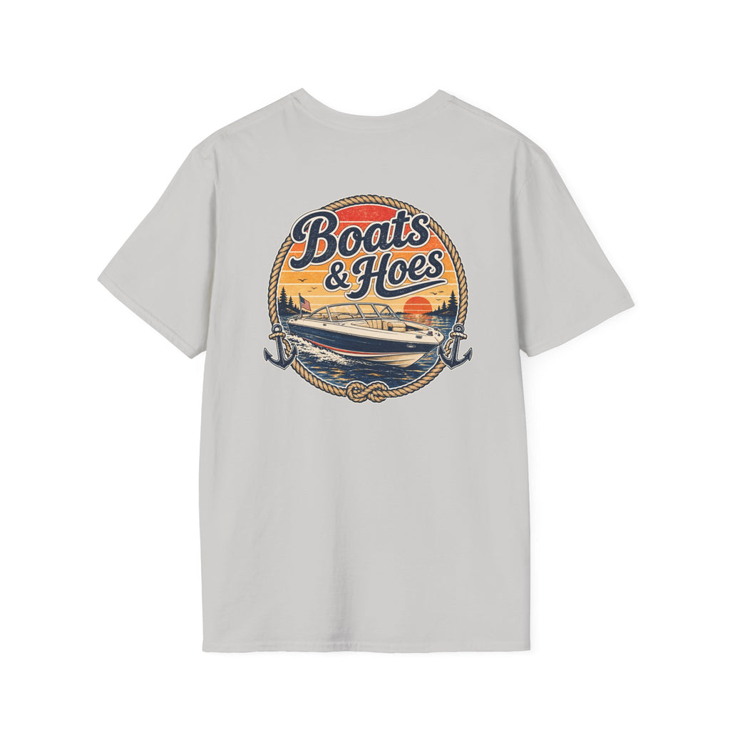 Boats and Hoes Sunset Speedboat Left Chest Full Back Print Tee – Hoes Clothes