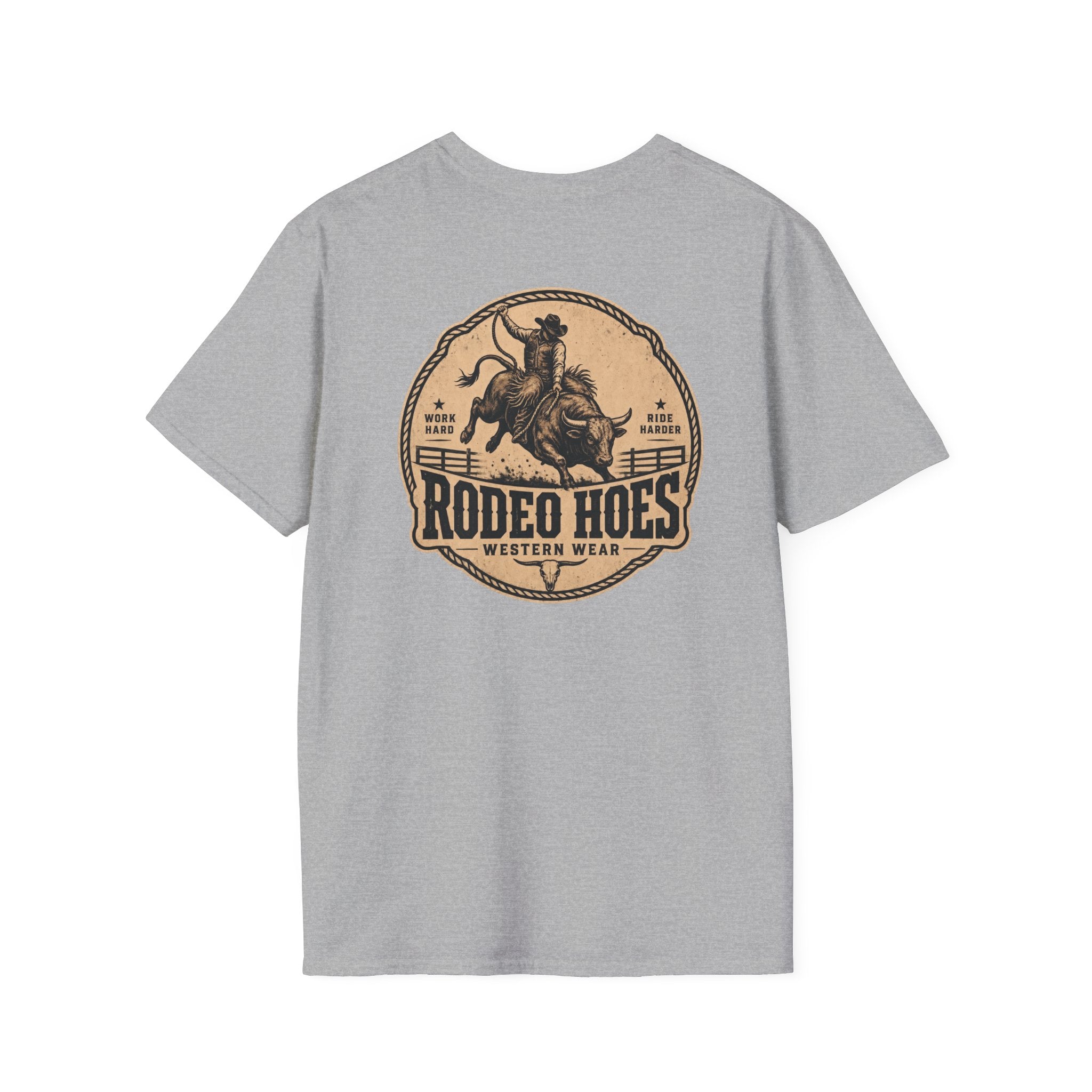 Rodeo Hoes Western Wear Front & Back Tee – Full Color – He Rides – Hoes Clothes