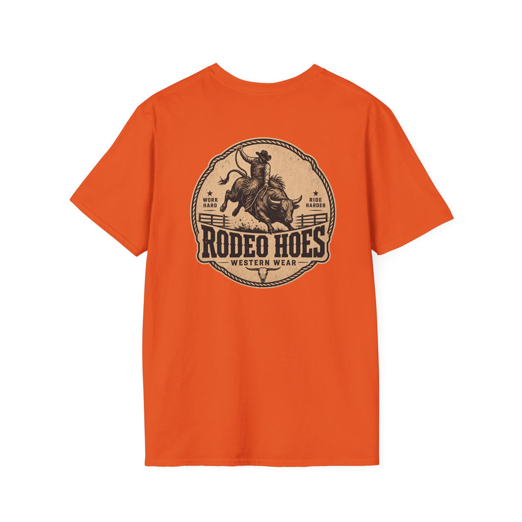 Rodeo Hoes Western Wear Front & Back Tee – Full Color – He Rides – Hoes Clothes
