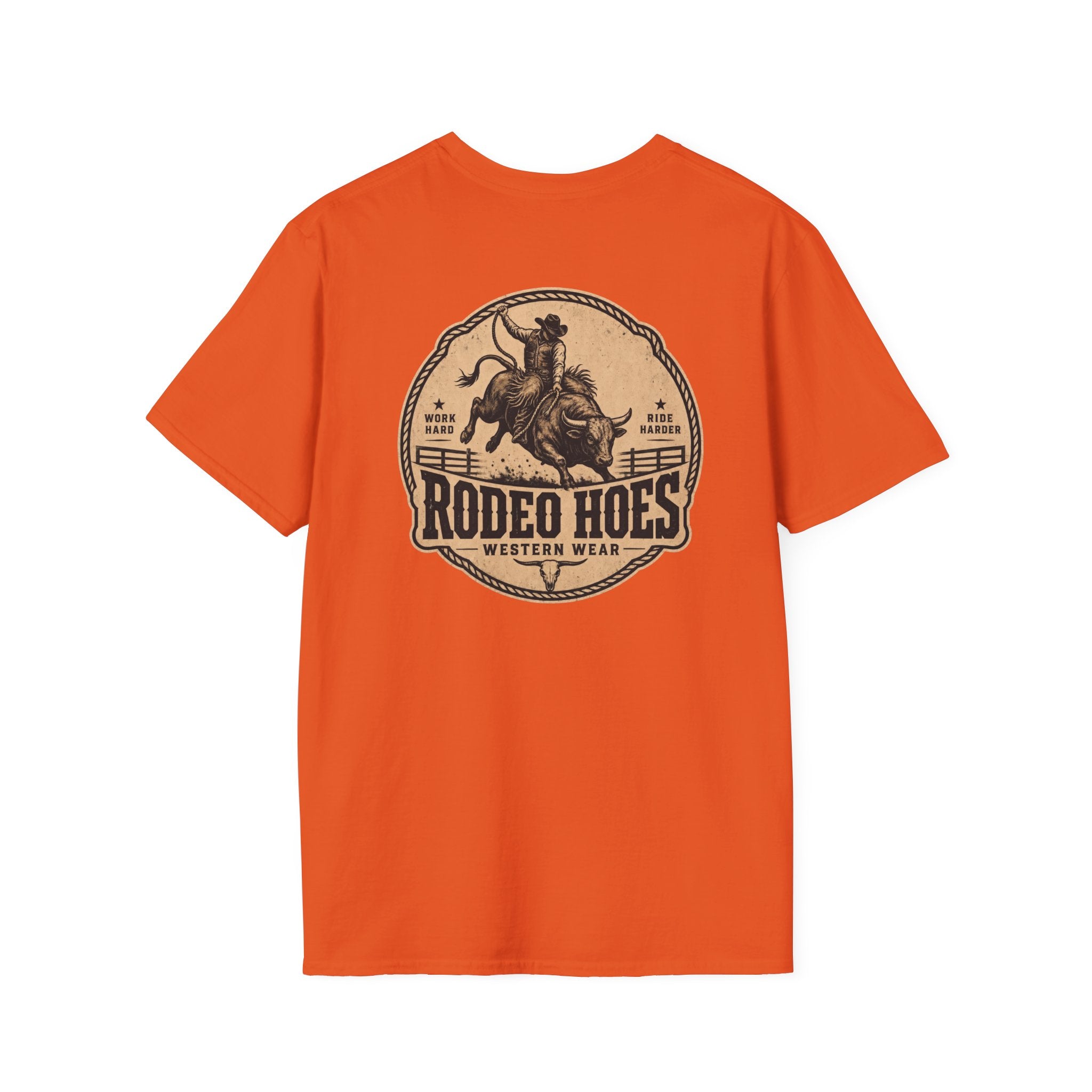 Rodeo Hoes Western Wear Front & Back Tee – Full Color – He Rides – Hoes Clothes