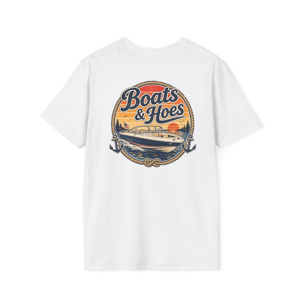Boats and Hoes Sunset Speedboat Left Chest Full Back Print Tee – Hoes Clothes