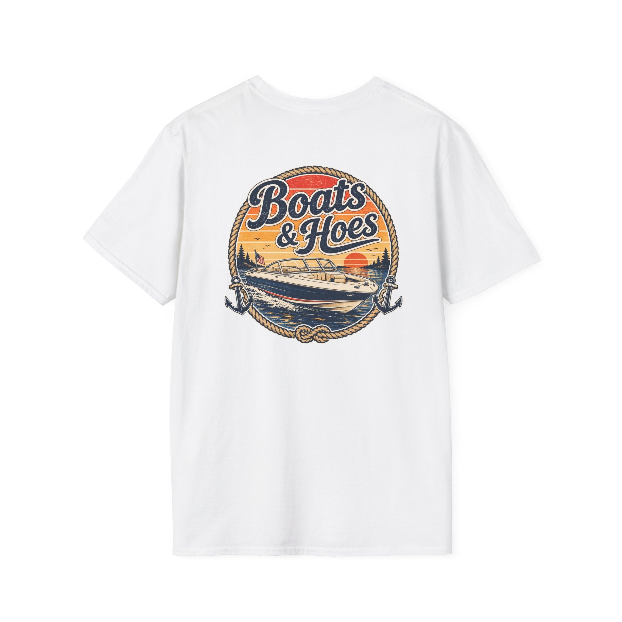 Boats and Hoes Sunset Speedboat Left Chest Full Back Print Tee – Hoes Clothes