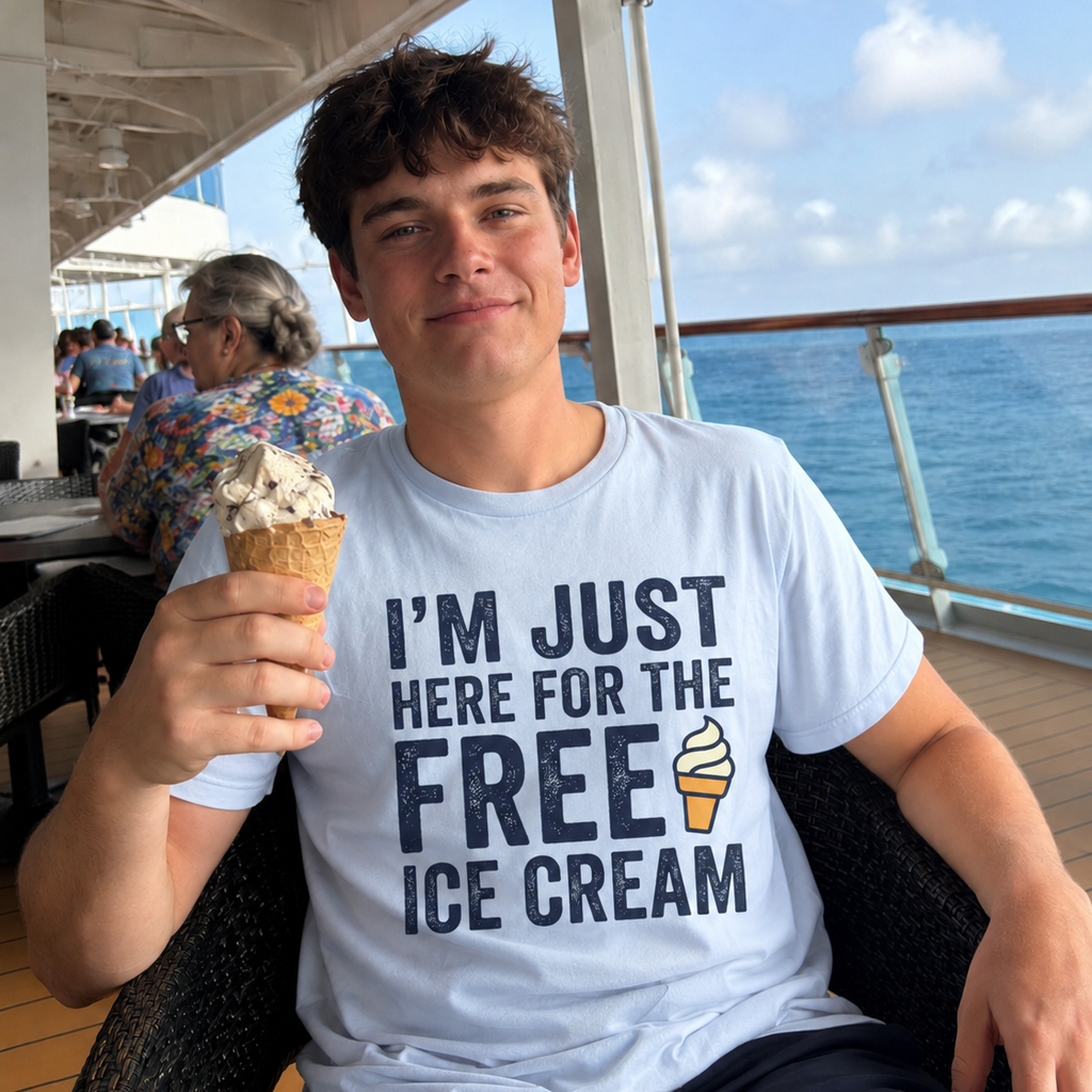A young man sitting on a cruise ship balcony wearing a light blue graphic t-shirt that reads 'I'M JUST HERE FOR THE FREE ICE CREAM' with a small ice cream cone illustration. He is holding an ice cream cone in his hand, with the ocean and other passengers visible in the background.